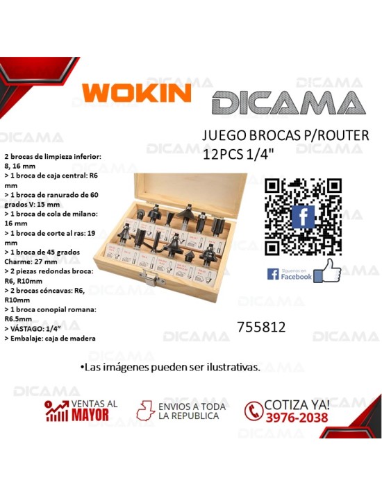 BROCAS JUEGO 12 PZAS PARA ROUTER  1/4"