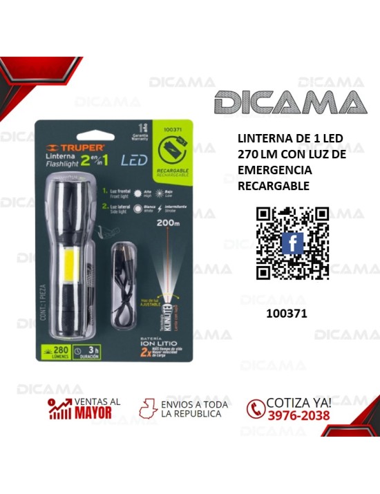 LINTERNA DE 1 MANO LED 270 LM CON LUZ DE EMERGENCIA RECARGABLE