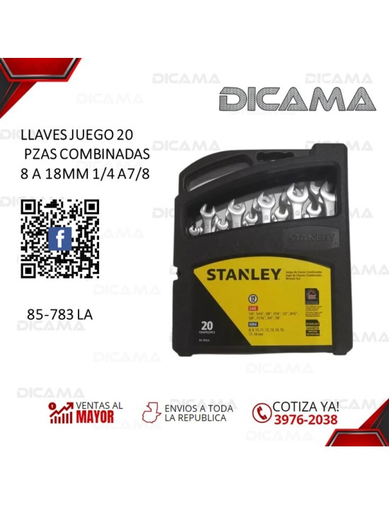 LLAVES JUEGO 20 PZAS COMBINADAS 8 A 18MM 1/4 A7/8 STANLEY 85-783 LA