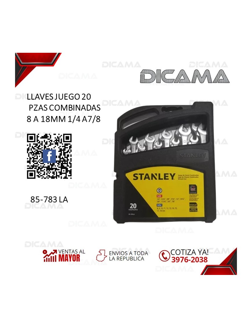 LLAVES JUEGO 20 PZAS COMBINADAS 8 A 18MM 1/4 A7/8 STANLEY 85-783 LA