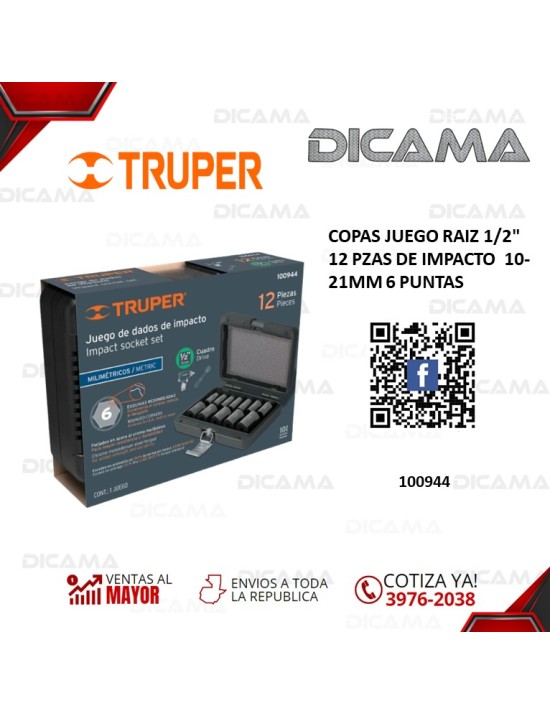 COPAS JUEGO RAIZ 1/2" 12 PZAS 10-21MM DE IMPACTO   6 PUNTAS
