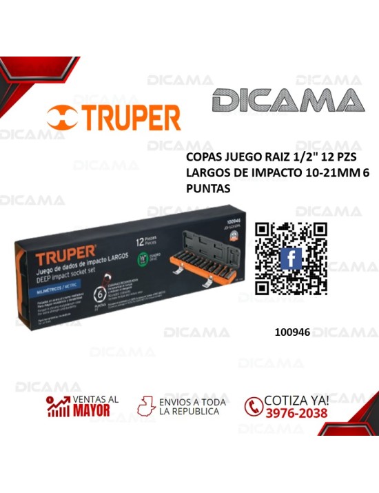 COPAS JUEGO RAIZ 1/2" 12 PZS 10-21MM LARGOS DE IMPACTO  6 PUNTAS