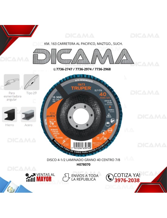 DISCO 4 1/2" LAMINADO GRANO 40 CENTRO 7/8