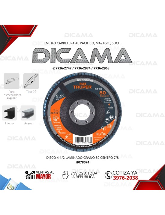 DISCO 4 1/2" LAMINADO GRANO 80 CENTRO 7/8