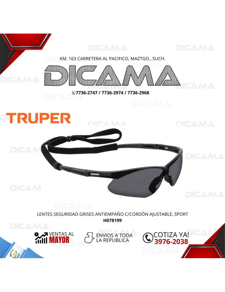 LENTES DE SEGURIDAD GRISES ANTIEMPAÑO C/CORDÓN AJUSTABLE, SPORT