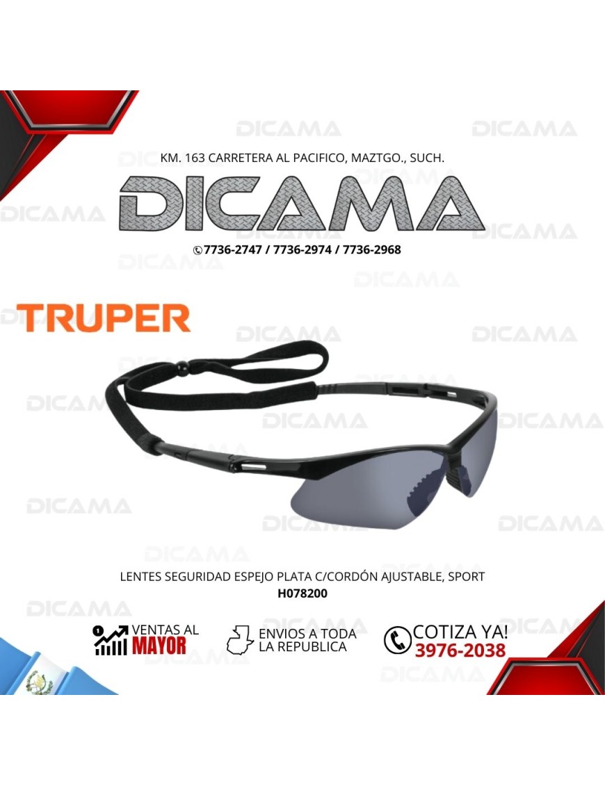 LENTES DE SEGURIDAD ESPEJO PLATA C/CORDÓN AJUSTABLE, SPORT