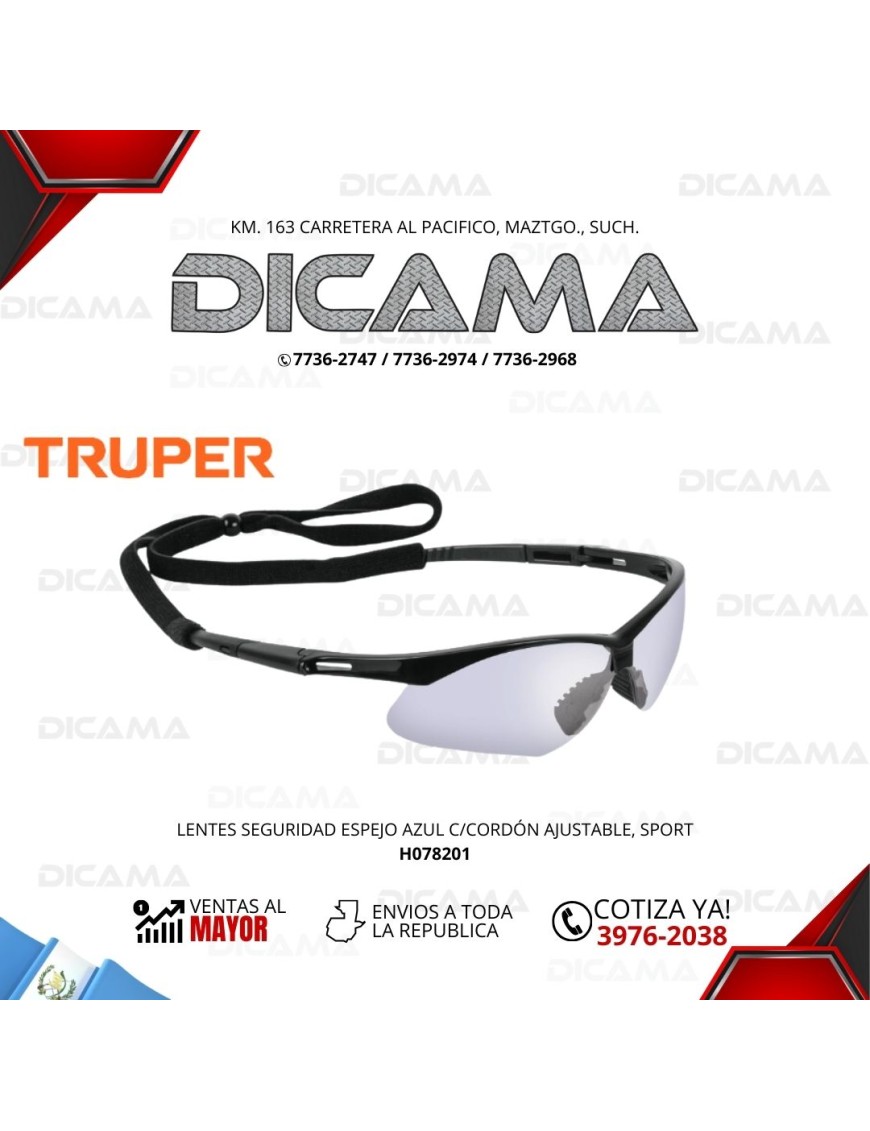 LENTES DE SEGURIDAD ESPEJO AZUL C/CORDÓN AJUSTABLE, SPORT