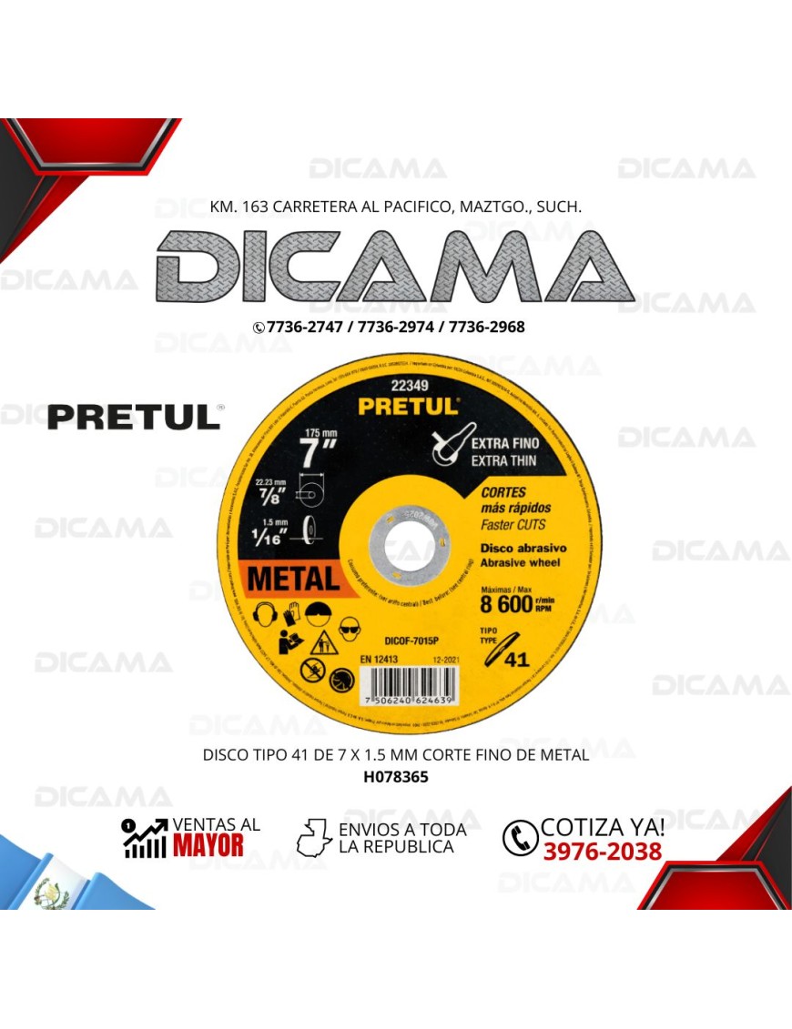 DISCO DE METAL 7" X 1.5 MM DE CORTE FINO