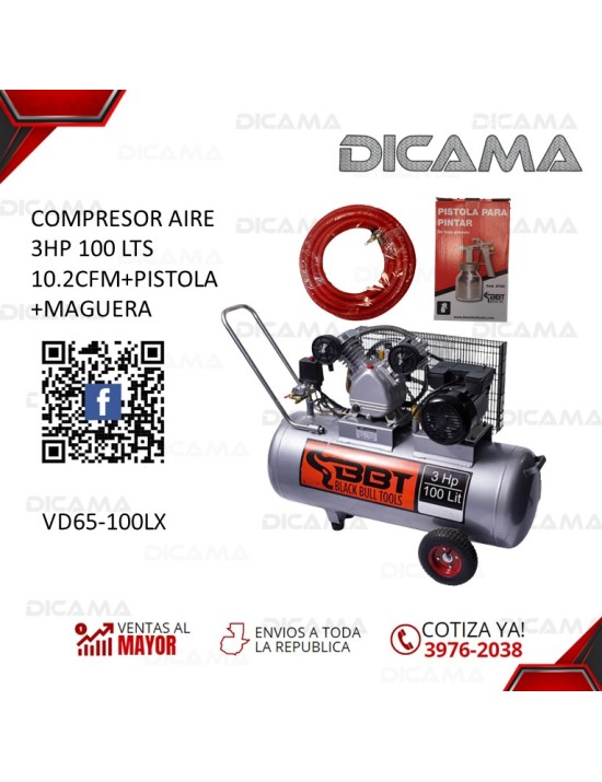 COMPRESOR AIRE 3 HP 100 LTS 10.2CFM+PISTOLA+MAGUERA