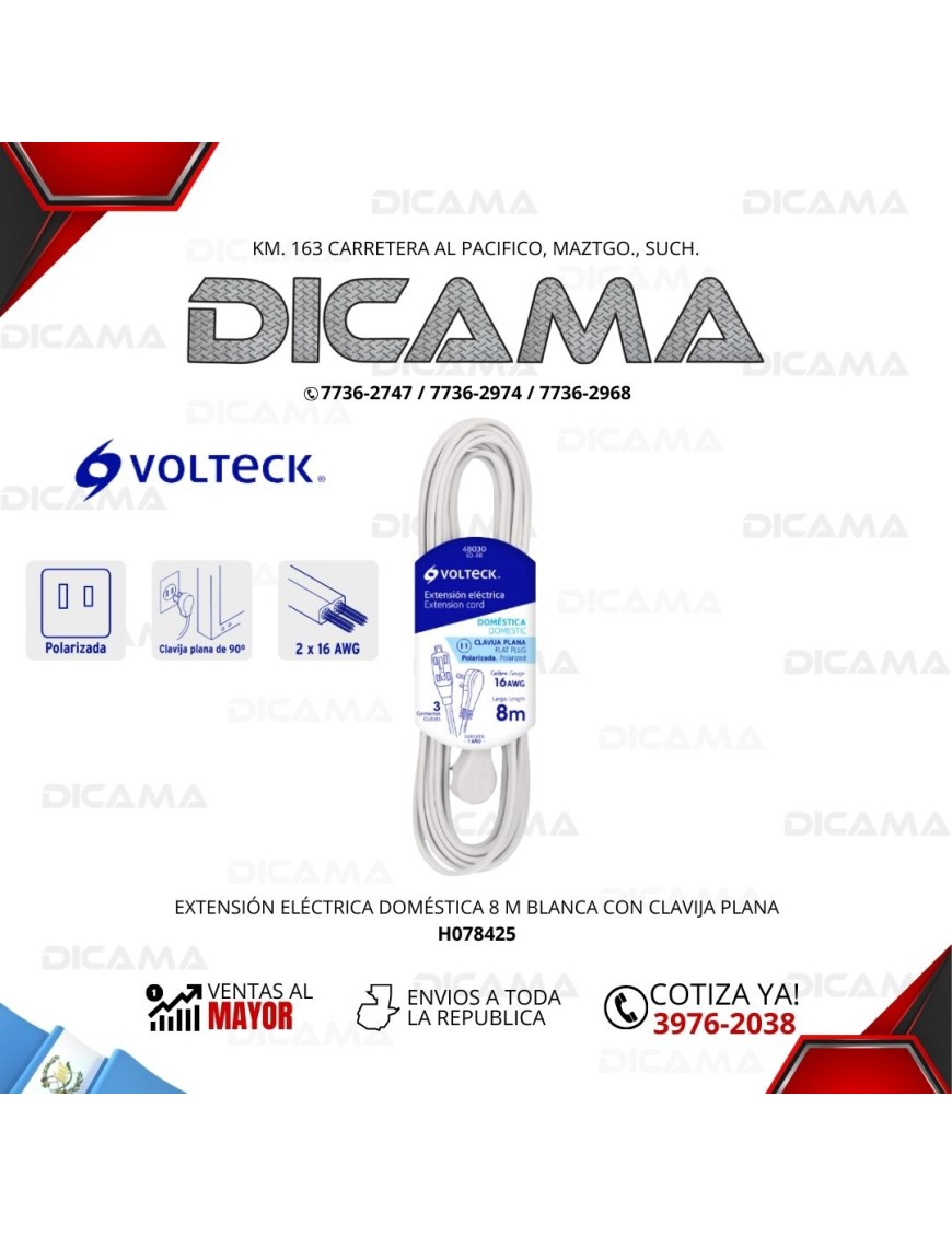 EXTENSION ELECTRICA 8 METROS DOMÉSTICA BLANCA CON CLAVIJA PLANA
