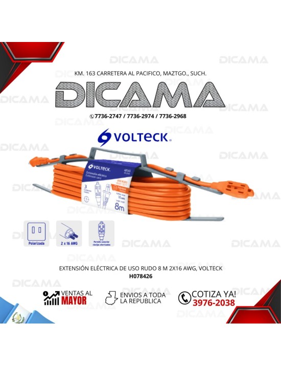 EXTENSION ELECTRICA 8 METROS NARANJA DE USO RUDO  2X16 AWG