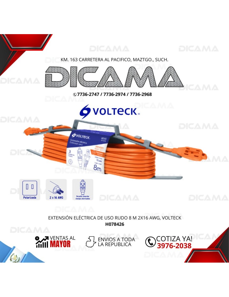 EXTENSION ELECTRICA 8 METROS NARANJA DE USO RUDO  2X16 AWG
