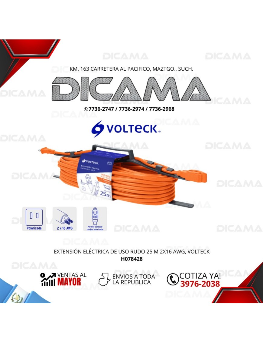 EXTENSION ELECTRICA 25 METROS NARANJA DE USO RUDO 2X16 AWG