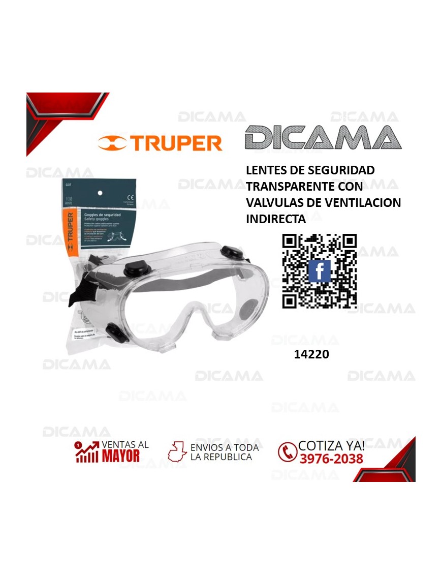 LENTES DE SEGURIDAD TRANSPARENTE CON VALVULAS DE VENTILACION INDIRECTA
