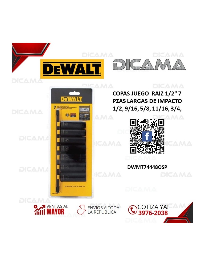 COPAS JUEGO  RAIZ 1/2" 7 PZAS LARGAS DE IMPACTO 1/2, 9/16, 5/8, 11/16, 3/4,