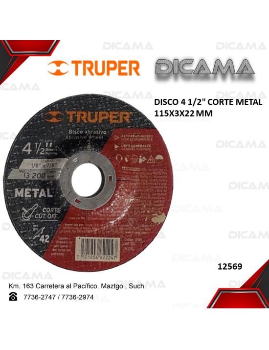 DISCO 4 1/2" CORTE METAL 115X3X22 MM