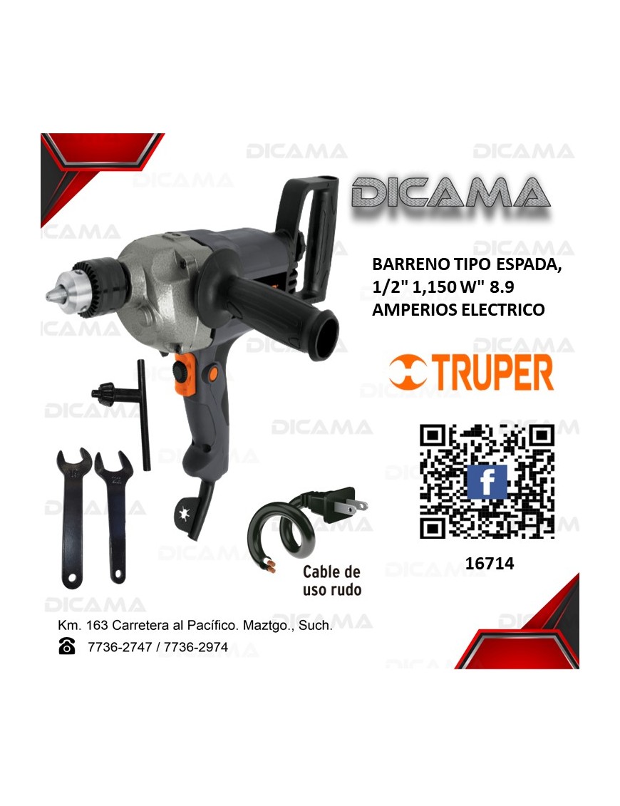 BARRENO TIPO ESPADA, 1/2 1,150 W 8.9 AMPERIOS TRUPER 16714