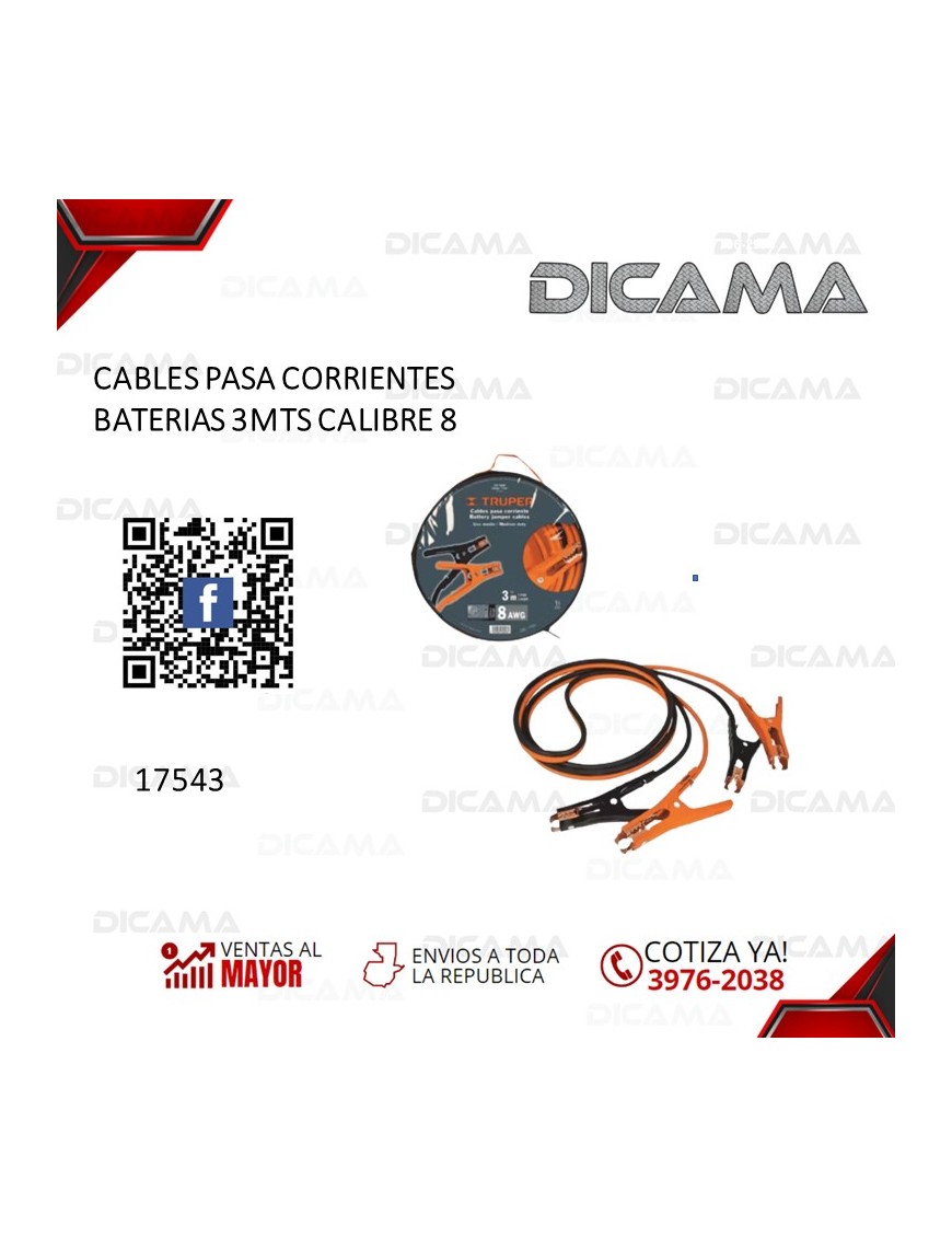 CABLES PASA CORRIENTE BATERIAS 3MTS 225 AMP CALIBRE 8 TRUPER 17543