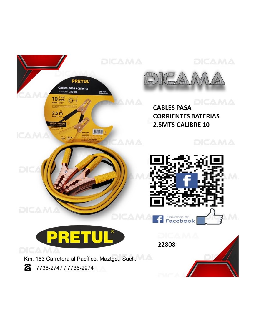 CABLES PASA CORRIENTE BATERIAS 2.5MTS 125 AMP CALIBRE 10 PRETUL 22808