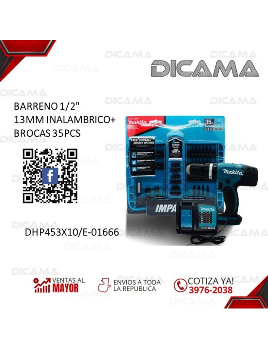 BARRENO 1/2 13MM INALAMBRICO+BROCAS 35PCS MAKITA DHP453X10/E-01666