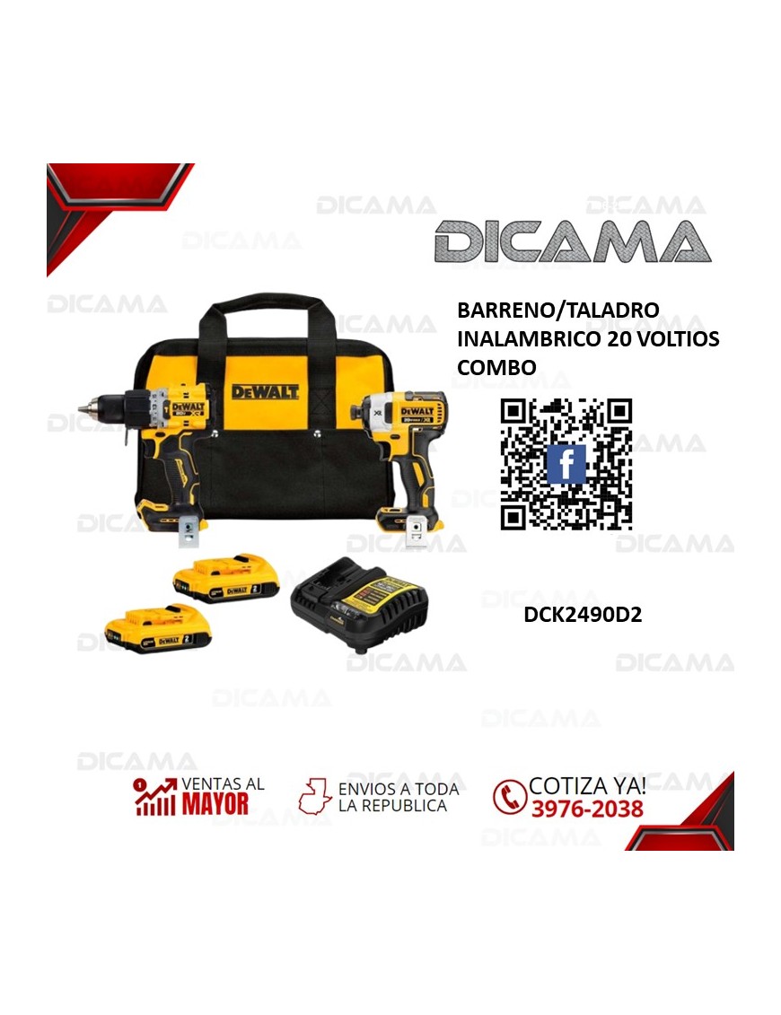 BARRENO/TALADRO INALAMBRICO 20 VOLTIOS COMBO DEWALT DCK2490D2