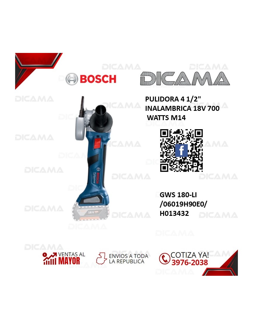 PULIDORA 4 1/2 INALAMBRICA 18V 700 WATTS M14 BOSCH GWS 180-LI /06019H90E0/H013432