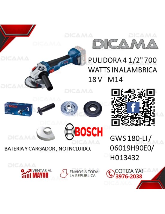 PULIDORA 4 1/2 INALAMBRICA 18V 700 WATTS M14 BOSCH GWS 180-LI /06019H90E0/H013432