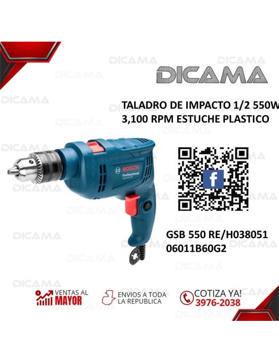 BARRENO 1/2 DE IMPACTO 550W  3,100 RPM ESTUCHE PLASTICO BOSCH GSB 550 RE/H038051 06011B60G2