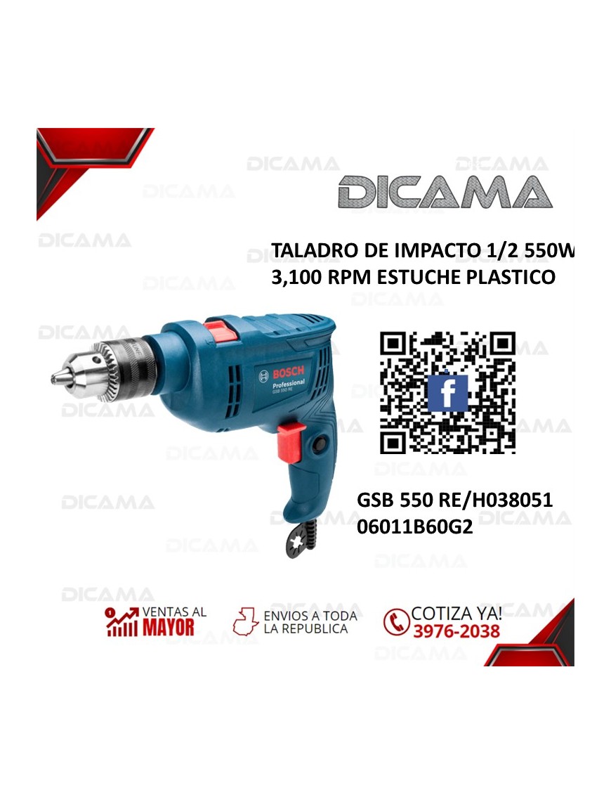 BARRENO 1/2 DE IMPACTO 550W  3,100 RPM ESTUCHE PLASTICO BOSCH GSB 550 RE/H038051 06011B60G2