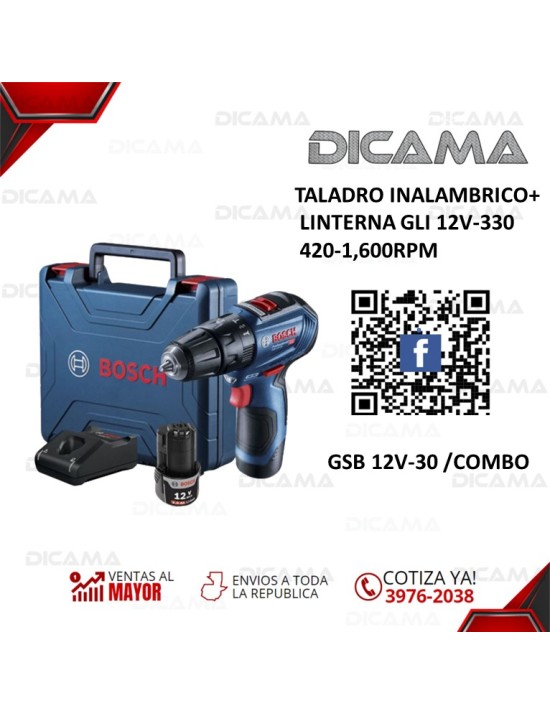 BARRENO INALAMBRICO+ LINTERNA GLI 12V-330 420-1,600RPM BOSCH GSB 12V-30 /COMBO