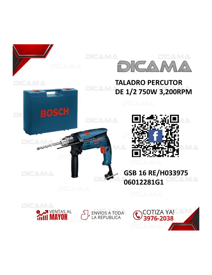 BARRENO 1/2 PERCUTOR DE 750W 3,200RPM BOSCH GSB 16 RE/H033975 06012281G1