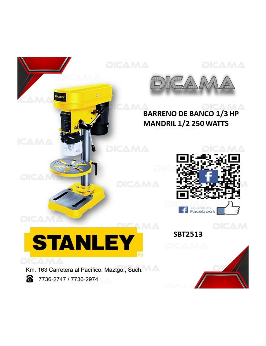 BARRENO DE BANCO 1/3 HP MANDRIL 1/2 250 WATTS STANLEY SBT2513