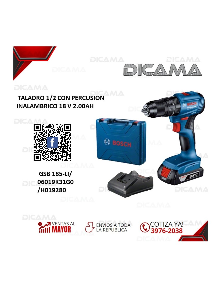 BARRENO 1/2 CON PERCUSION INALAMBRICO 18 V 2.00AH BOSCH GSB 185-LI/06019K31G0/H019280