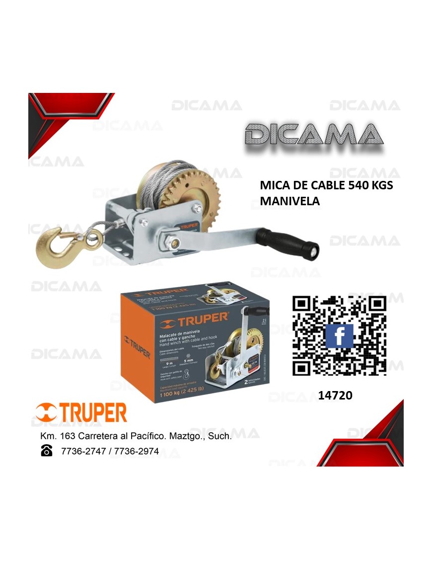 MICA DE CABLE 650 KGS 1,433 LB MANIVELA 9 MTS CABLE