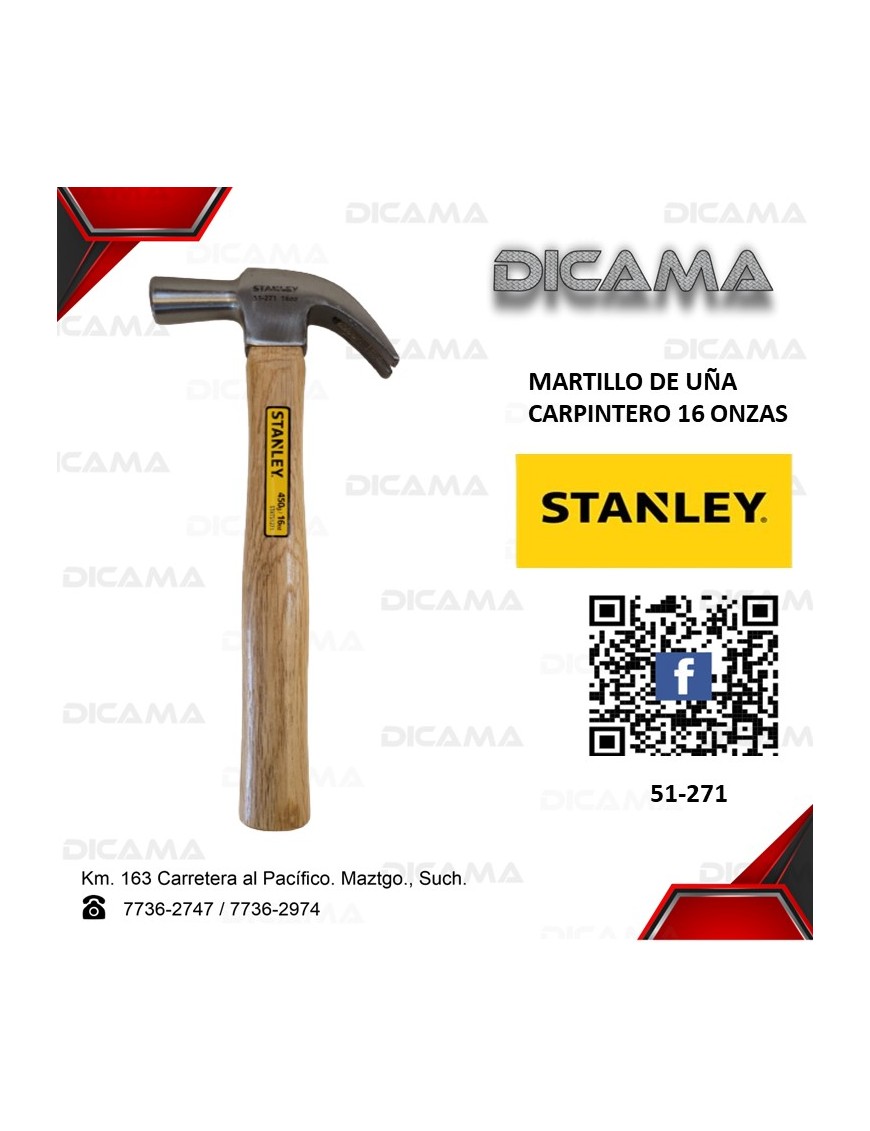 MARTILLO DE UÑA 16 ONZAS CARPINTERO STANLEY 51-271