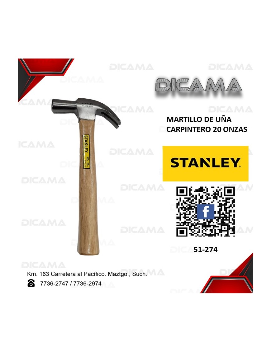 MARTILLO DE UÑA 20 ONZAS CARPINTERO STANLEY 51-274