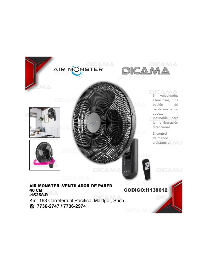 VENTILADOR DE PARED 40 CMS CON CONTROL REMOTO AIR MONSTER 428204