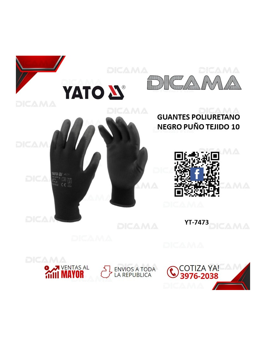 GUANTES POLIURETANO NEGRO PUÑO TEJIDO 10 YATO YT-7473