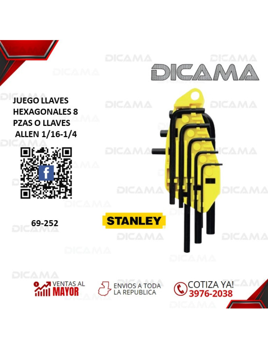 JUEGO DE LLAVES HEXAGONALES 8 PZAS O LLAVES ALLEN 1/16-1/4 STANLEY 69-252