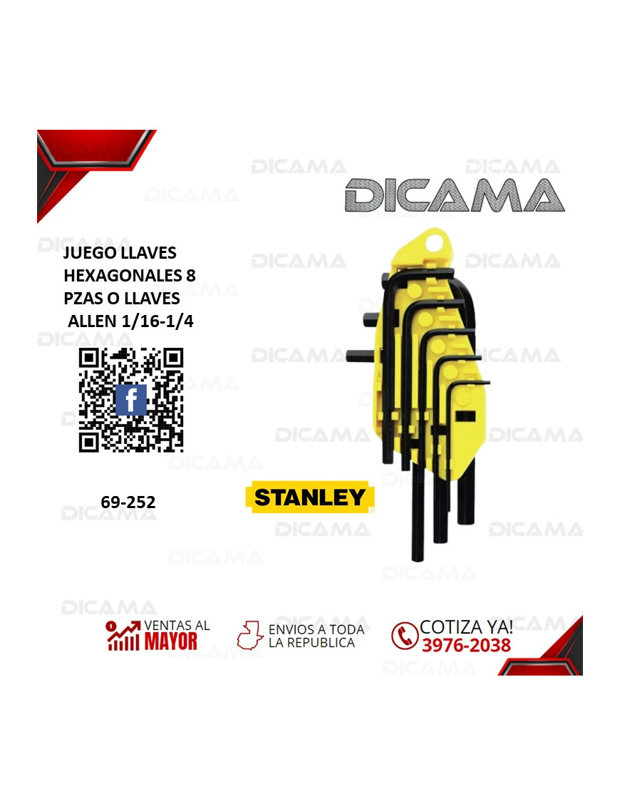 JUEGO DE LLAVES HEXAGONALES 8 PZAS O LLAVES ALLEN 1/16-1/4 STANLEY 69-252