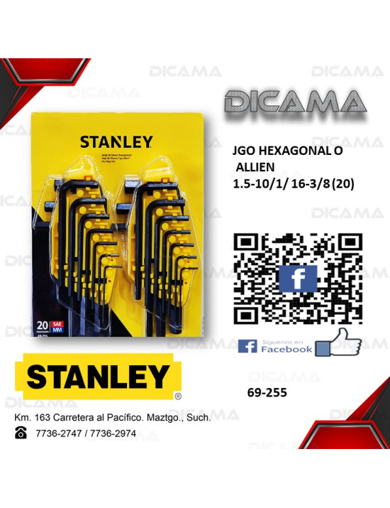 JUEGO DE LLAVES HEXAGONAL O ALLIEN 1.5-10/1/ 16-3/8 (20) STANLEY 69-255
