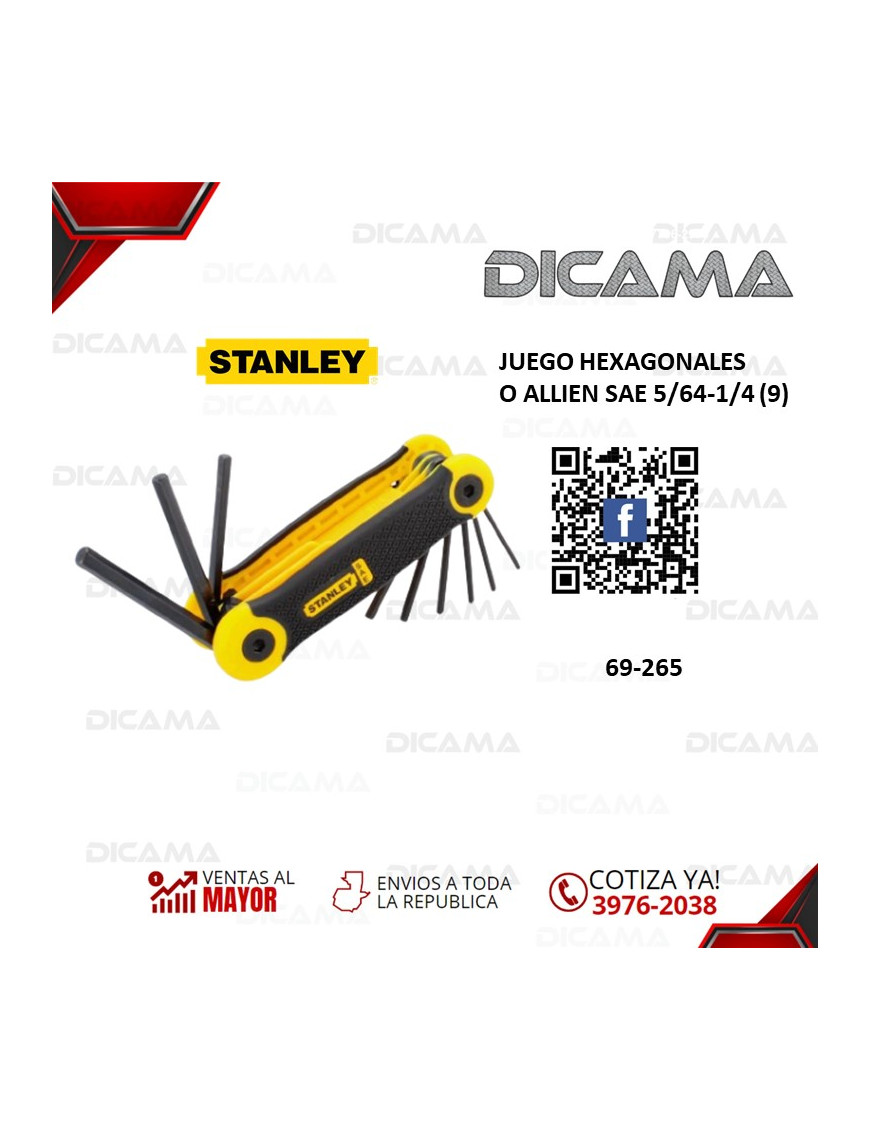 JUEGO HEXAGONALES O ALLIEN SAE 5/64-1/4 (9) STANLEY 69-265