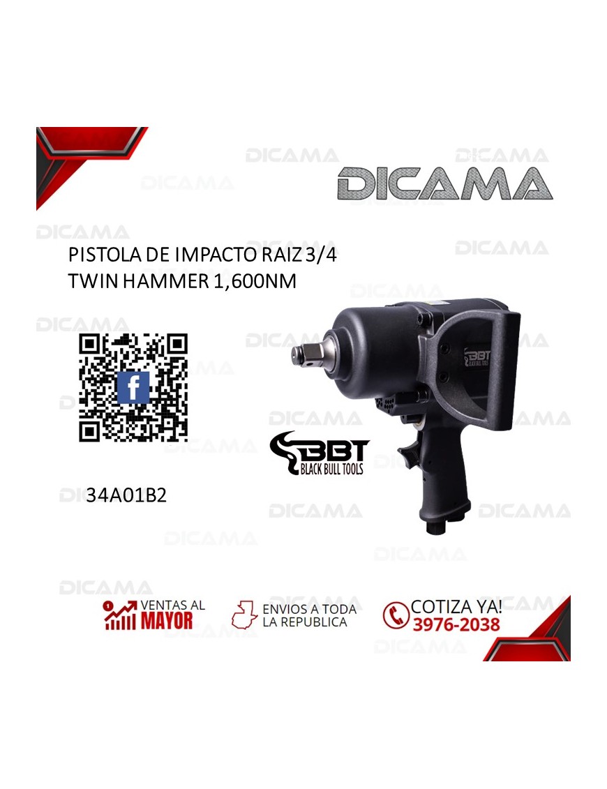 PISTOLA DE IMPACTO RAIZ 3/4" NEUMATICA 1,600NM TWIN HAMMER