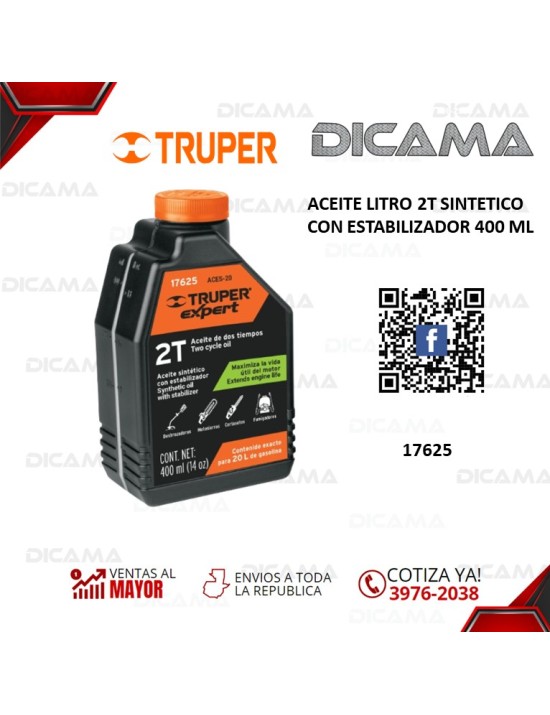 ACEITE LITRO 2T SINTETICO CON ESTABILIZADOR 400 ML TRUPER 17625