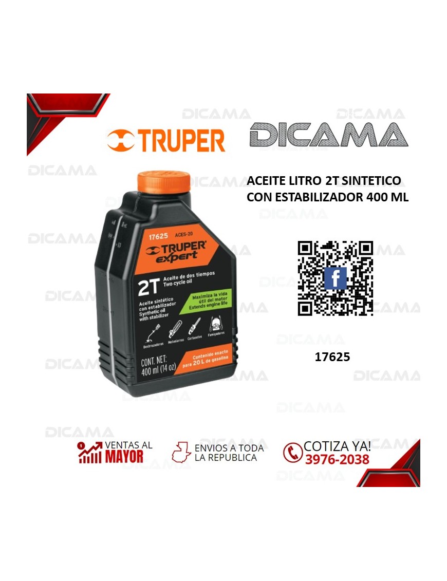 ACEITE LITRO 2T SINTETICO CON ESTABILIZADOR 400 ML TRUPER 17625