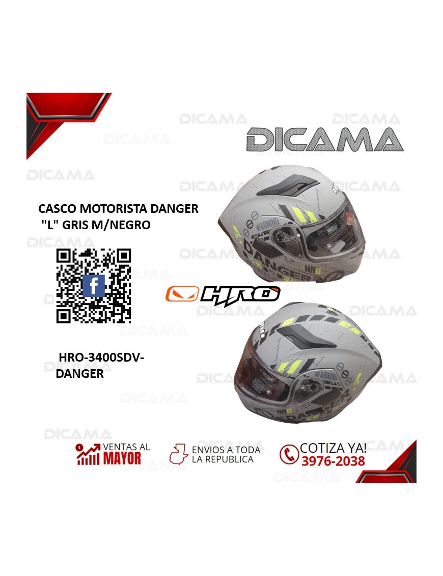 CASCO MOTORISTA L DANGER GRIS/NEGRO/FARNJAS VERDES HRO HRO-3400SDV-DANGER
