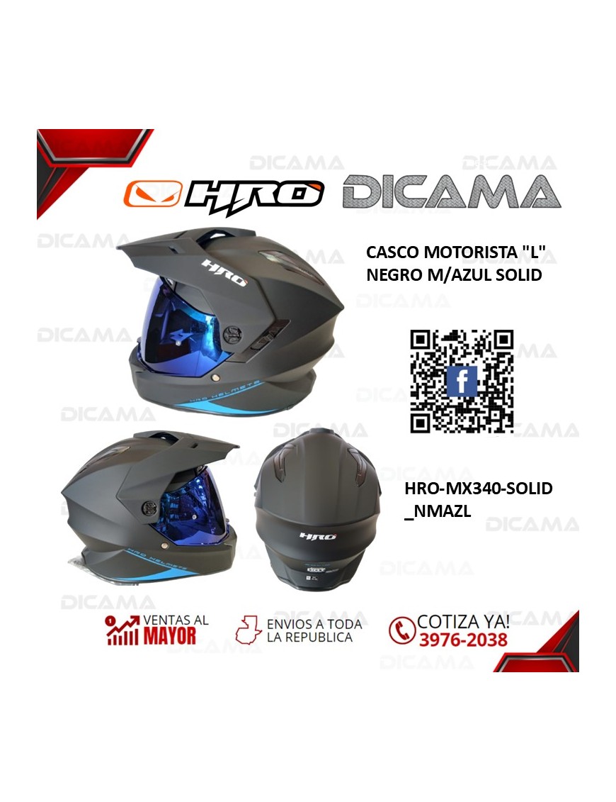 CASCO MOTORISTA L NEGRO M/AZUL SOLID HRO HRO-MX340-SOLID_NMAZL