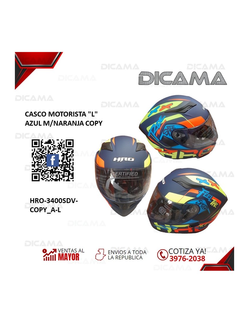 CASCO MOTORISTA L COPY  AZUL/NARANJA HRO HRO-3400SDV-COPY_A-L
