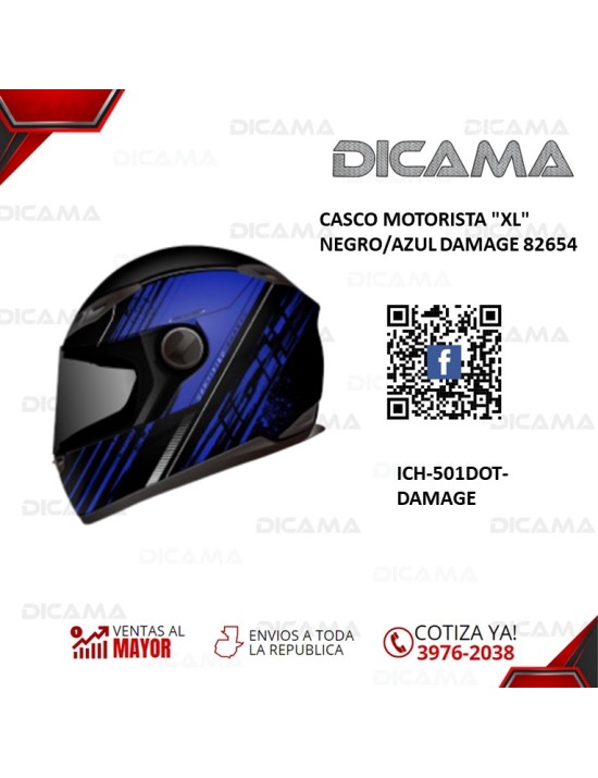 CASCO MOTORISTA XL NEGRO/AZUL DAMAGE 82654 ICH ICH-501DOT-DAMAGE