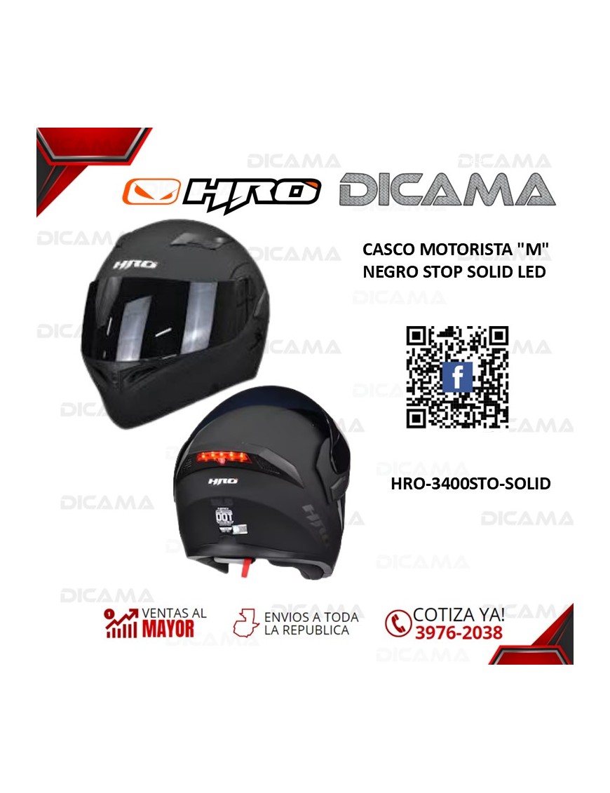 CASCO MOTORISTA M NEGRO STOP SOLID LED HRO HRO-3400STO-SOLID